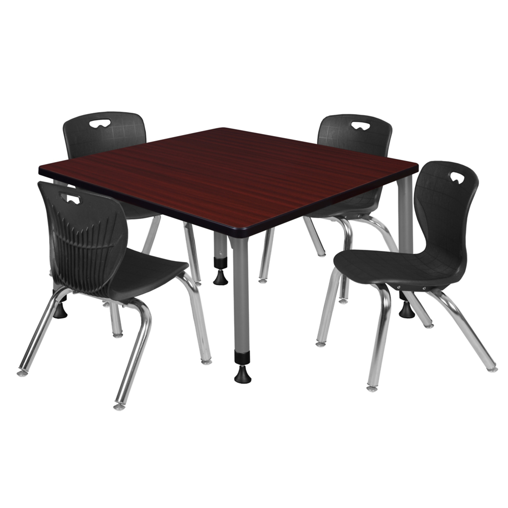 Regency Kee Adjustable Classroom Table with 4 Andy Stack Chairs — 36in. Square, Mahogany, Black & Grey Base, Model# TB3636MHAPGY45BK